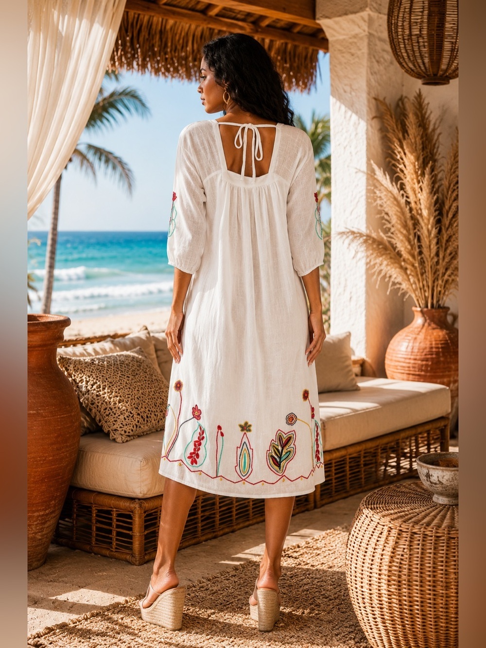 White Embroidered Boho Midi Dress with Colorful Floral Motifs - Picture 4 of 5